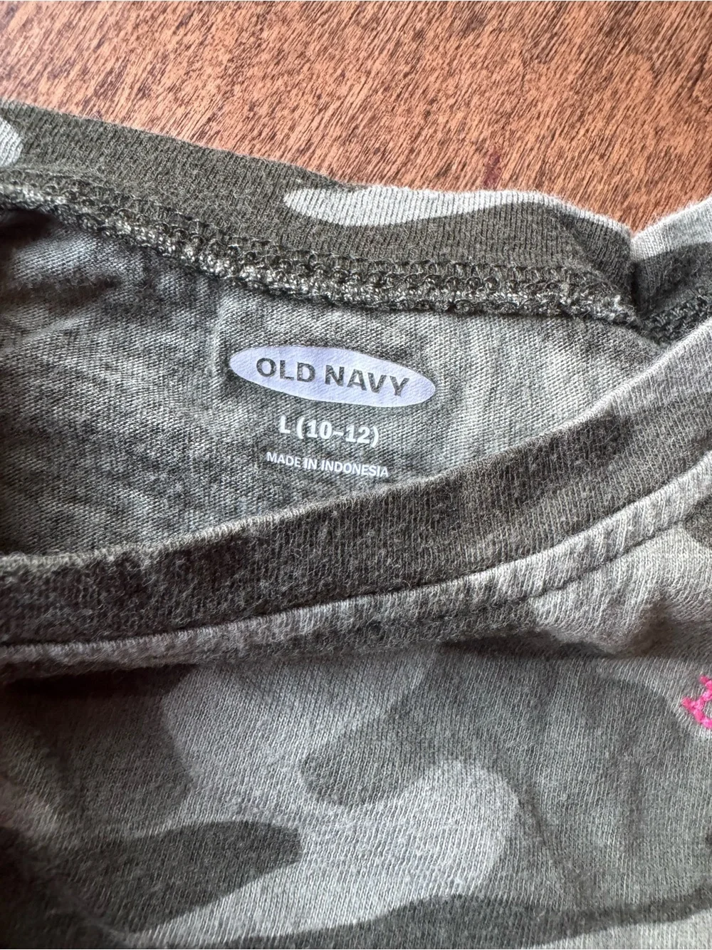 Old Navy Green Camo Long-Sleeve Top with Pink Heart Accent